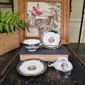 2 Vintage Bavaria Teacup & Saucer Sets | Silver Lustre & Fragonard Couple
